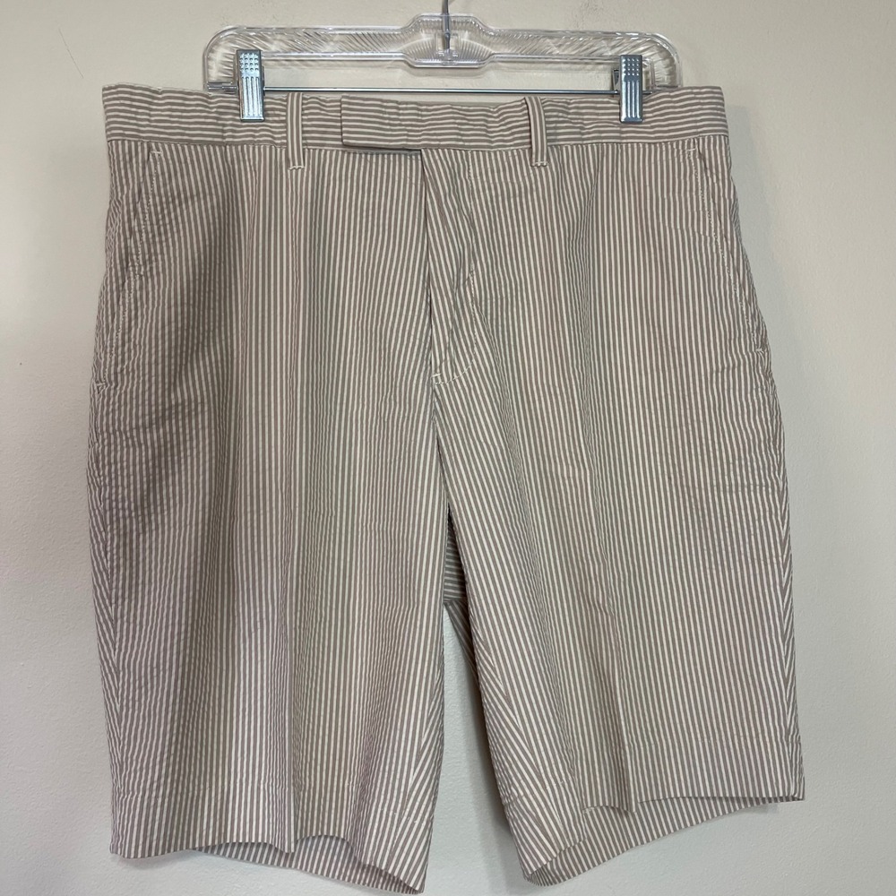 Polo Ralph Lauren Mens 36 Seersucker Shorts Tan Cream Striped Cotton Classic Fit